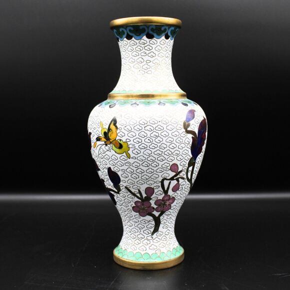 Vintage Brass Cloisonne Flower Vase Enamel Chinoiserie Style Floral Design Decor - Picture 2 of 5
